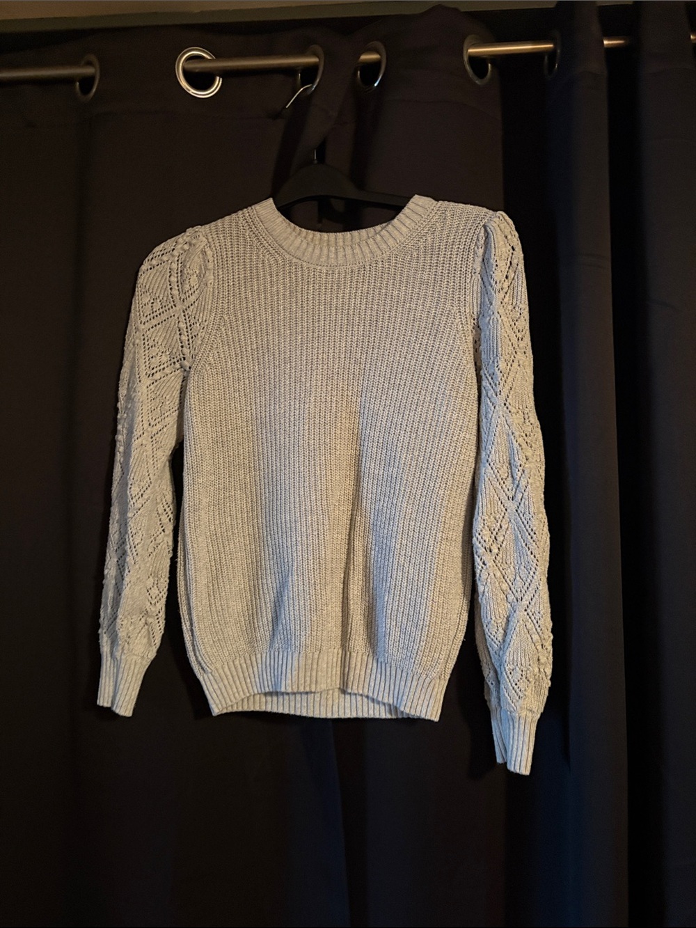 LOFT Light Gray Crewneck Cable-Sleeve Sweater